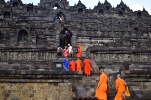 Monks going up Borobudur to pray